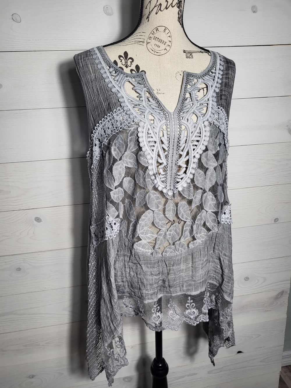 India Boutique Top Cotton Crinkle Lace Asymetrical Hem Tunic Flowy Cotton BOHO. - Picture 2 of 9